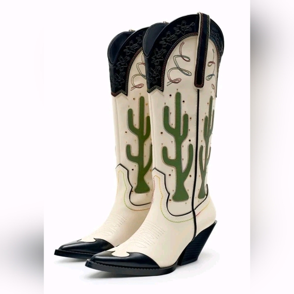 Zara Shoes - NWT Zara Ivory Cactus Embroidered Contrast Knee-High Heeled Cowgirl Boots